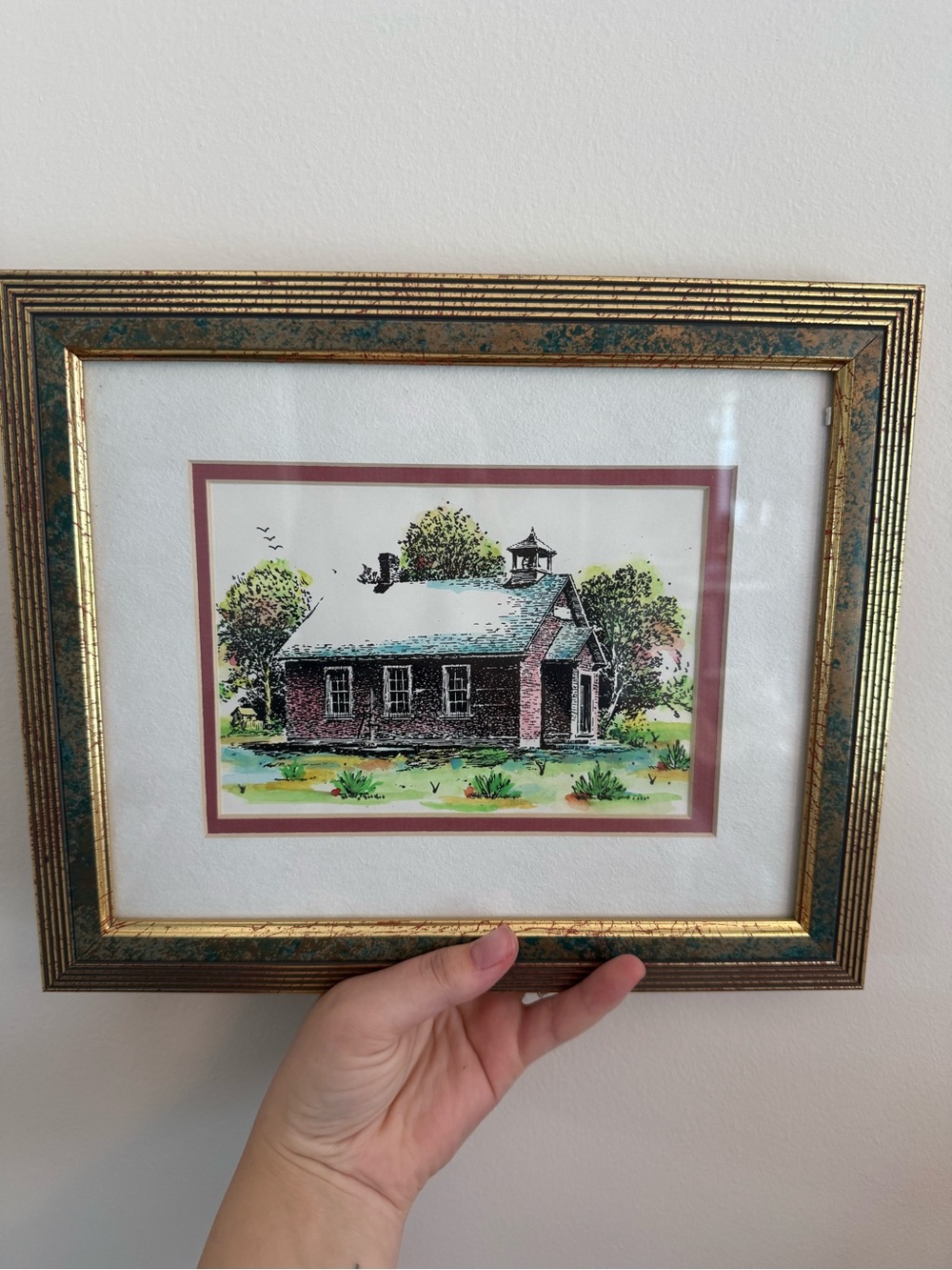 Vintage Style Framed Watercolor Print of Schoolhouse